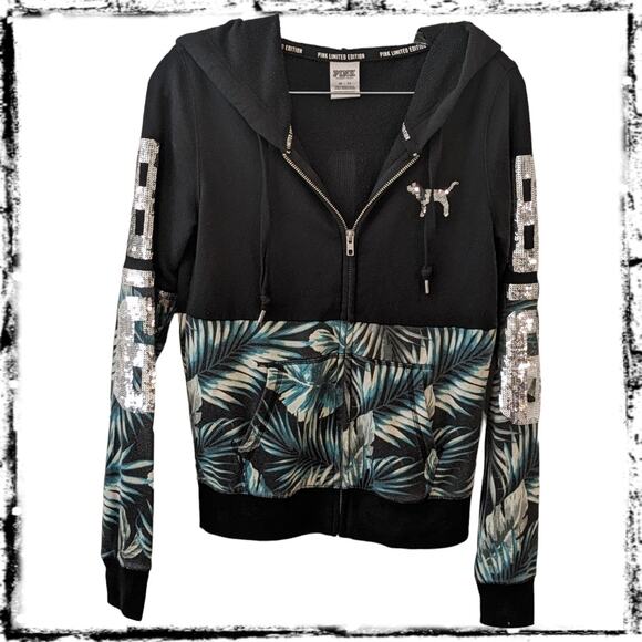 HTF Tropical VS PINK Zip Up Bling Hoodie Silver Sequins Spell PINK 86 + Dog Logo - Picture 3 of 12